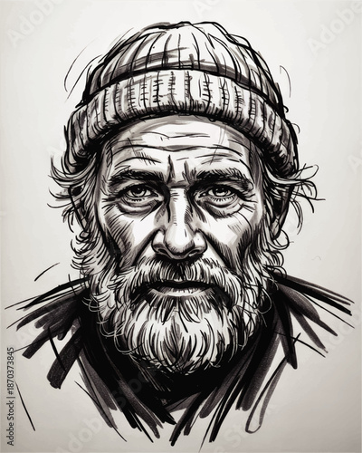 Expressive ink portrait of elderly bearded man in knit hat, detailed monochrome sketch illustration on transparent background