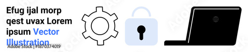 Gear for process, lock for security, and laptop for technology connection. Ideal for business process, IT security, system optimization, software design, teamwork, encryption simple landing page