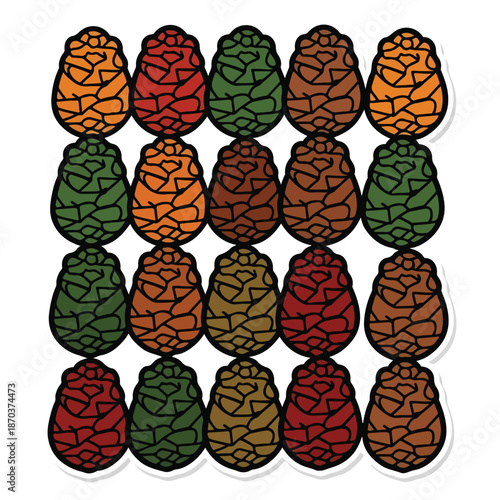 A colorful illustration of 20 pinecones in four rows