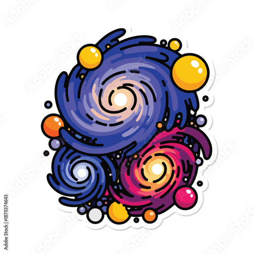 A colorful illustration of swirling galaxies and floating planets