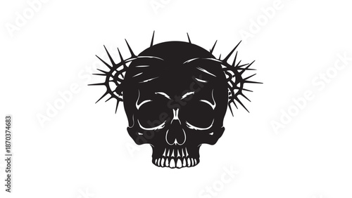 Skull Adorned with a Crown of Thorns: A stark, monochrome illustration of a skull, its silent gaze enhanced by a crown of thorns, embodying themes of mortality, faith, and introspection.