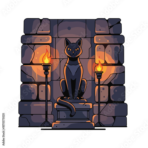 A black cat sits on a stone pedestal between two torches