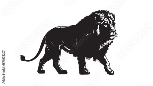 Majestic Lion: An elegant monochromatic depiction of a lion with a formidable mane, embodying strength, dignity, and the untamed essence of the wild.