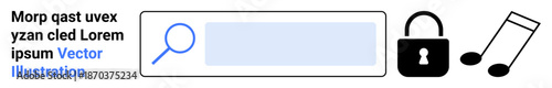 Data security, online search, media privacy, digital safety, copyright protection, cyber information. Search bar, magnifying glass lock and musical note icons. Data security and media privacy