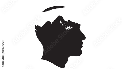 Mindscapes: A silhouette of a human head, transformed into a landscape of mountains, symbolizing the vastness of human thoughts.