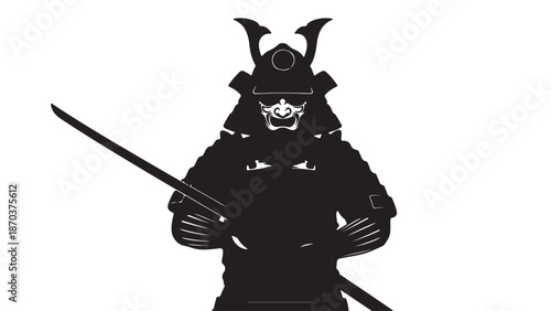 Silent Warrior Silhouette: A striking black silhouette of a samurai stands ready, embodying strength and honor. Holding a long sword