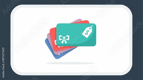 Stack of Gift Cards with Ribbon and Price Tag Icon.
