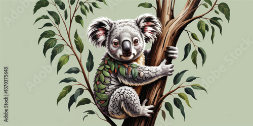 Cute koala illustration on eucalyptus tree, whimsical forest animal art, cartoon wildlife character on pastel green background