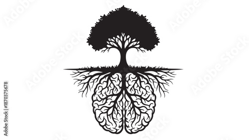 Mental Growth: An artistic representation of a tree with its roots intricately intertwined with a human brain, symbolizing the profound connection between nature and the mind.