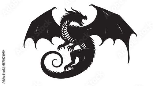Dragon Silhouette: A majestic silhouette of a dragon, with intricately detailed wings and scaled body, poised dramatically, set against a pristine backdrop.