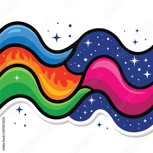 A colorful wavy line with stars