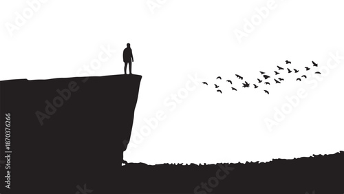 Contemplation's Edge: A lone figure stands poised on the precipice of a dramatic cliff, observing the vast expanse, accompanied by a flock of birds.