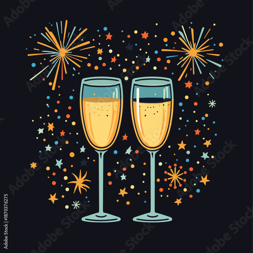 Toasting in Celebration with Wine and Champagne Vector Illustration. Firework, stars, sparks and decorative elements.  , vector style simple color