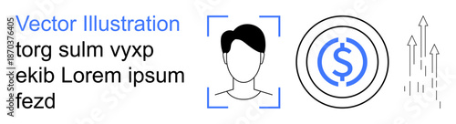 Identity verification, financial technology, economic growth, face recognition, digital security, innovation. Features a face recognition frame, currency icon and upward arrows. Identity