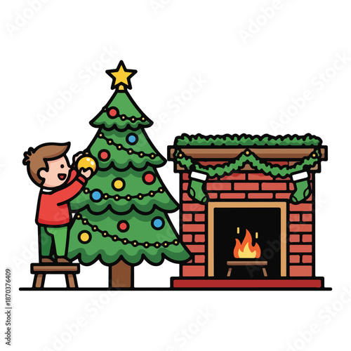 A boy decorating a Christmas tree beside a fireplace