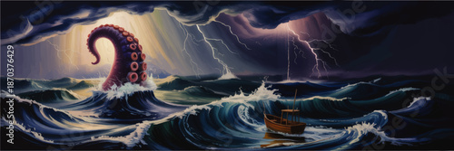 Giant sea monster tentacle emerging in stormy ocean waves with small wooden boat and dramatic lightning fantasy illustration
