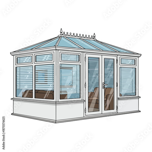 A conservatory with a glass roof and white frame