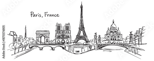 Paris France City Skyline Sketch with Eiffel Tower, Notre Dame, Arc de Triomphe, and Seine River Hand Drawn Illustration