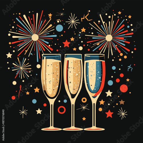 Toasting in Celebration with Wine and Champagne Vector Illustration. Firework, stars, sparks and decorative elements.  , vector style simple color