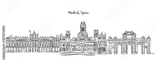 Madrid Spain City Skyline Sketch with Royal Palace, Cibeles Fountain, and Puerta de Alcalá Hand Drawn Illustration