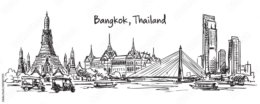 Naklejka premium Bangkok Thailand City Skyline with Grand Palace Wat Arun and Rama VIII Bridge Hand Drawn Sketch Illustration