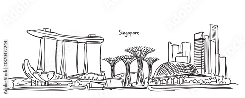 Singapore Marina Bay Skyline Line Art with Supertrees, Sands Skypark, and Gardens
