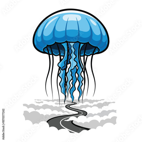 A blue jellyfish hovers above a winding road in the clouds