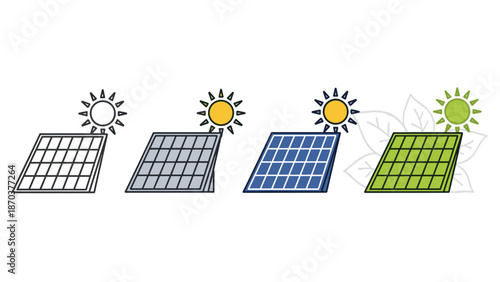 A series of four solar panel illustrations demonstrating different stages and styles, from outline to fully colored and generating power.