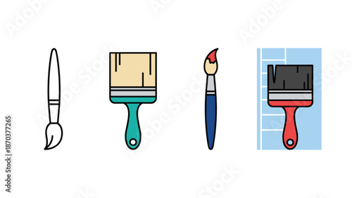 A comprehensive collection of four different types of paint brushes, ranging from thin artistic to broad utility brushes.