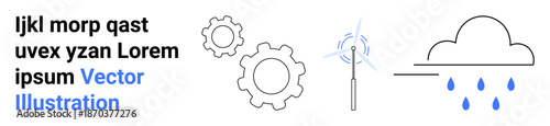 Renewable energy, sustainability, weather, mechanical engineering, clean technology, innovation. Minimalistic wind turbine, cloud with rain and gear icons. Renewable energy and sustainability