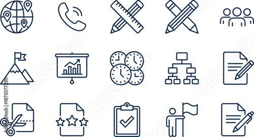 Business Management Line Icon Set Featuring Project Planning Leadership Productivity Strategy Global Communication Presentation Data Analysis Goals Documentation and Teamwork Graphics