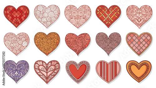 A diverse arrangement of fifteen heart shapes, each adorned with unique intricate patterns and vibrant textures, beautifully symbolizing love.