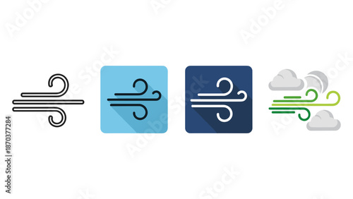 Four distinct graphical representations of wind or breeze, showcasing different styles from outline to colored flat designs with clouds.