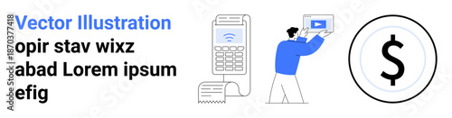 Payment terminal with NFC, person holding digital payment method, dollar sign. Ideal for fintech, digital wallet, e-commerce, banking, contactless technology, finances simple landing page