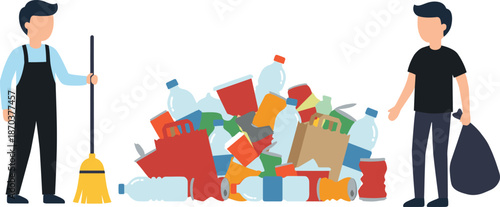 Faceless flat vector illustration of volunteers cleaning up a large pile of plastic bottles and trash for environmental protection concept