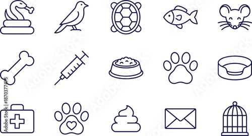 Set of Pet Care Line Icons Featuring Domestic Animals Veterinary Medicine Food Bowl Supplies Grooming Healthcare Equipment and Wildlife Species Graphics