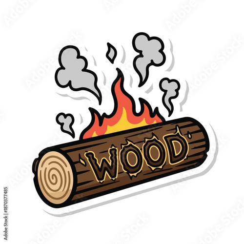 A burning log with flames and smoke