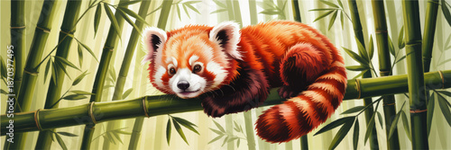 Cute red panda resting on bamboo branch in lush green forest, colorful wildlife illustration, horizontal nature background