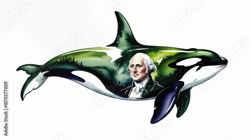 Surreal orca whale illustration with historical portrait and green landscape double exposure, creative ocean wildlife concept art on transparent