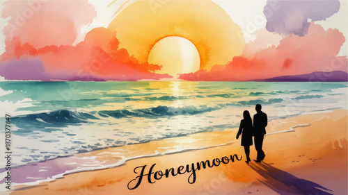 Romantic honeymoon couple walking on tropical beach at sunset, watercolor ocean landscape illustration with vibrant sky and golden sun