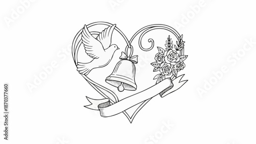 Wedding heart with dove bell flowers and banner line art.