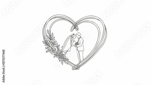 Wedding Couple Silhouette Inside Heart Frame with Flowers.