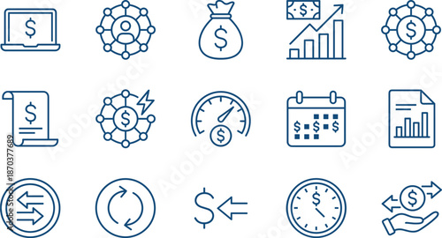 Business and finance vector icon set featuring money growth bar charts banking transactions online payment systems investment strategies and financial management