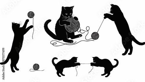 Black Cat Silhouettes Playing with Yarn Balls.