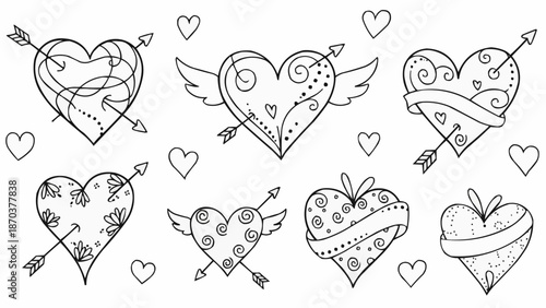 Collection of Hand Drawn Hearts with Arrows and Wings.