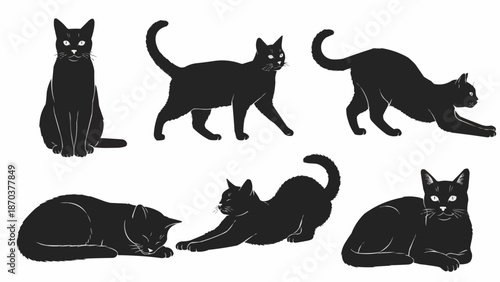 Collection of Black Cat Silhouettes in Various Poses.
