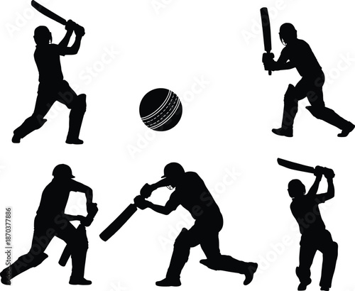 Cricket batsman silhouettes with ball showing different batting actions, black vector illustration set representing sports motion concepts