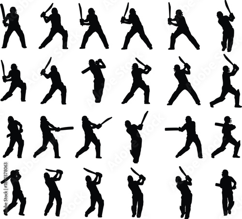 Cricket batsman action silhouettes set showing various batting poses, sports motion collection in black vector illustration style