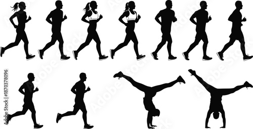 Running people silhouette vector set showing jogging and acrobatic handstand poses for fitness training, healthy lifestyle and sports design projects.