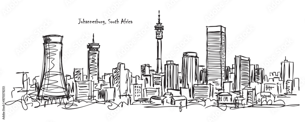 Obraz premium Johannesburg, South Africa Skyline Sketch with Hillbrow Tower and Ponte City